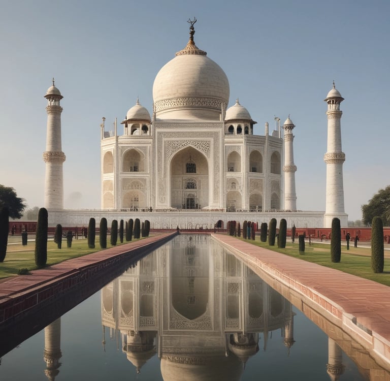 A red and white building sitting on top of a lush green field