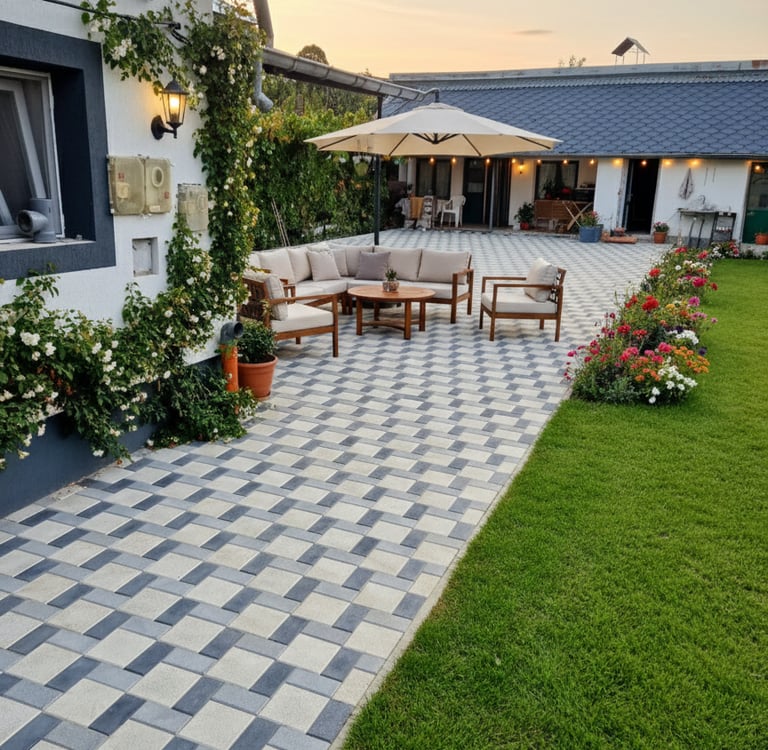 Curte modernă amenajată cu pavaj Parchet, zonă de relaxare cu mobilier și zonă verde