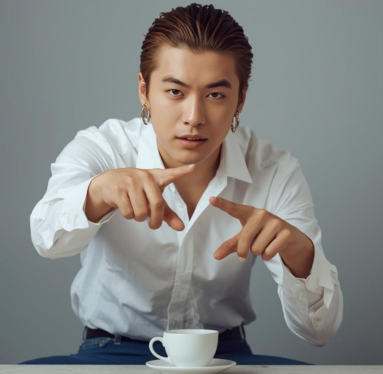 asian japanese man pointing fingers to describe a screen on mobile phone landscape