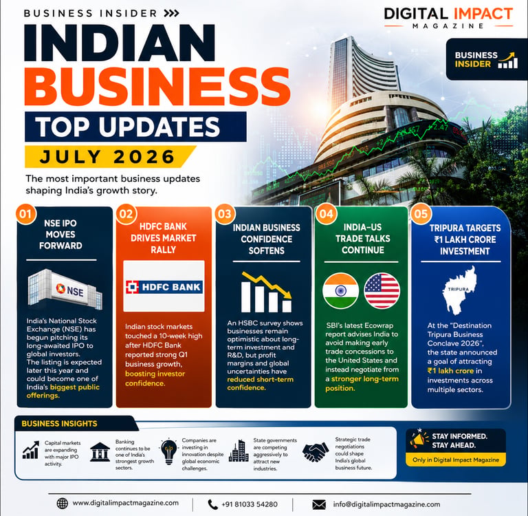 Infographic of Indian business top updates for July 2026 featuring stock market trends, NSE IPO, and trade news.