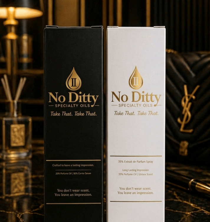 No Ditty 35% Extrait de Parfum spray alongside 25% Extrait/Parfum signature luxury gold-trimmed packaging.