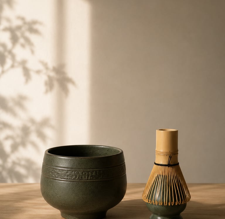 green strawberry quartz stone next to matcha bowl in minimalist setting