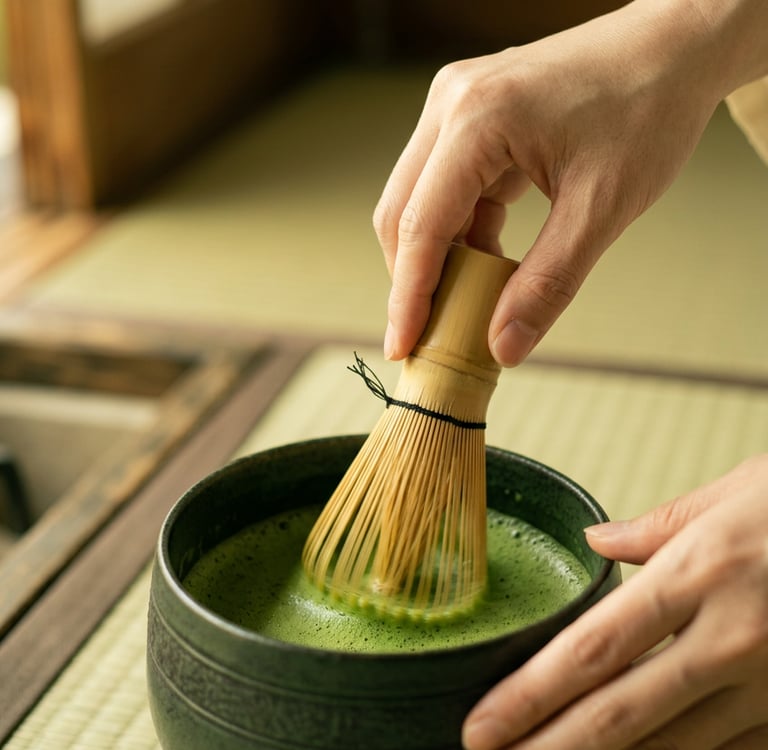 hands whisking matcha in ceramic bowl using bamboo chasen