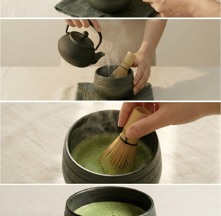 matcha preparation process showing powder water and whisking steps