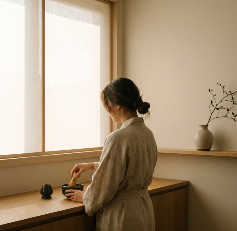 Person preparing matcha in a calm morning routine with natural light and focused atmosphere.