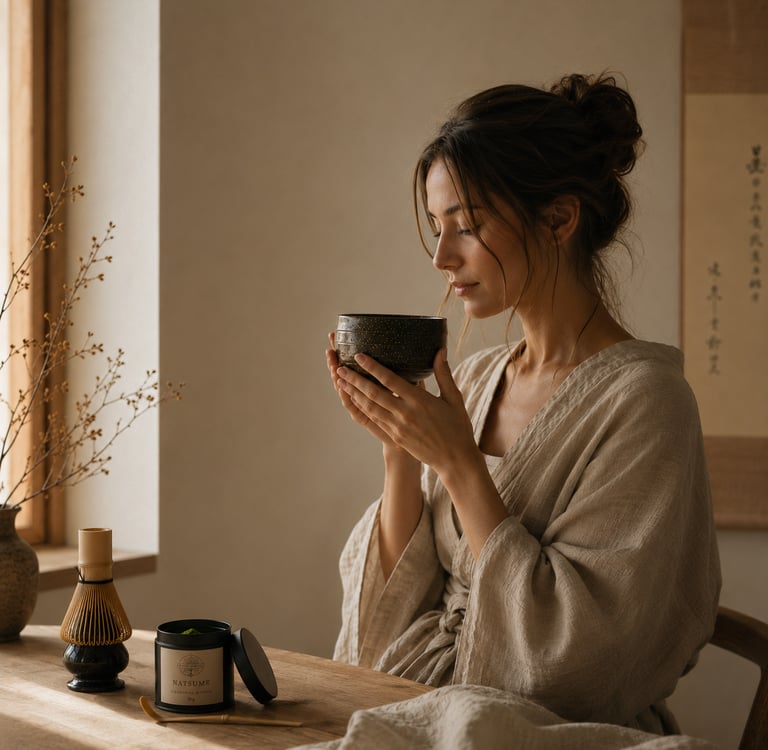 Person enjoying a calm morning matcha ritual with soft natural light and ceramic matcha bowl