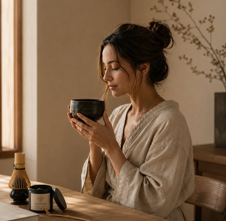 Woman enjoying a calm morning matcha ritual with ceramic bowl and soft natural light.