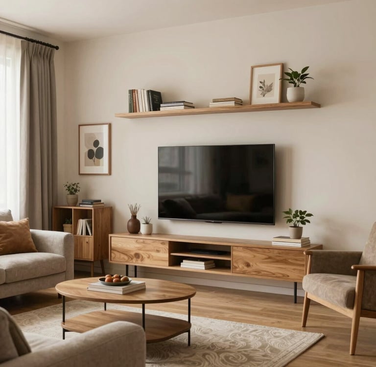 A serene Japandi-style living room with cream walls, natural linen textiles, and black accents creating a warm, minimalist atmosphere.
