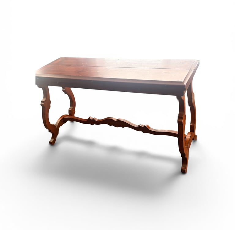 Elegant antique wooden console table with ornate carved legs and a polished dark wood finish on a white background.