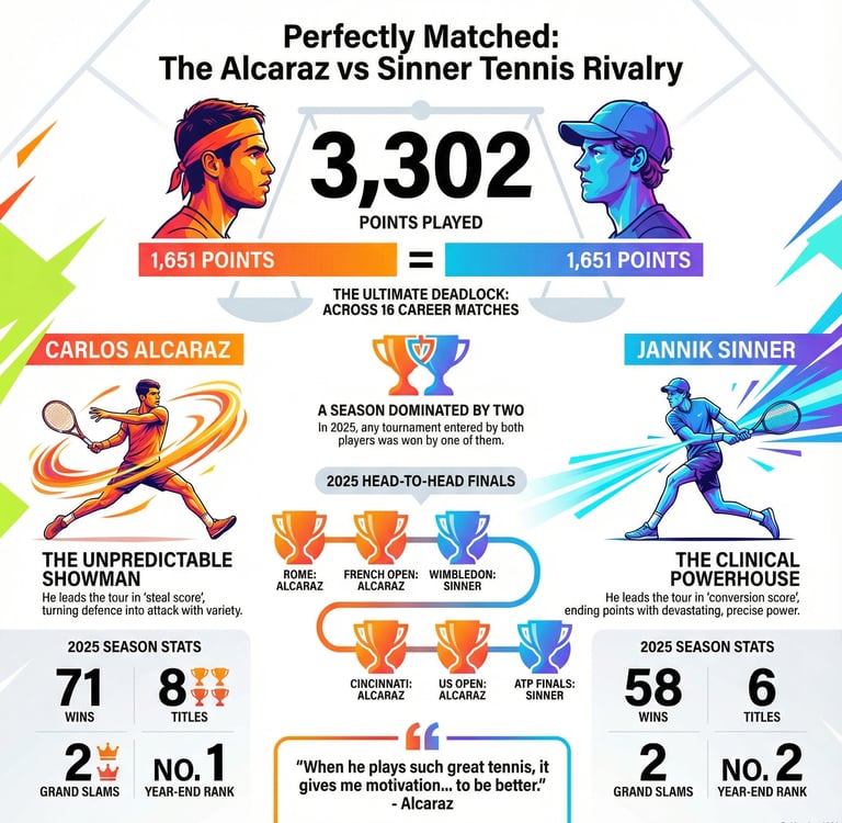 Carlos Alcaraz vs Jannick Sinner current season statistics - infographic