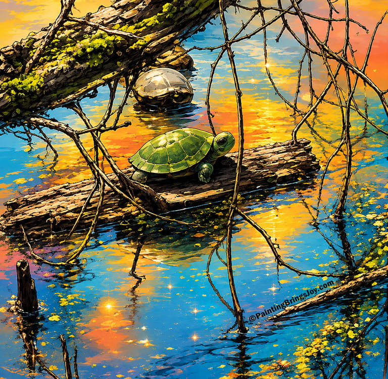 Painting Brings Joy green turtle on a log in pretty colorful water art print painting 410-402-4827