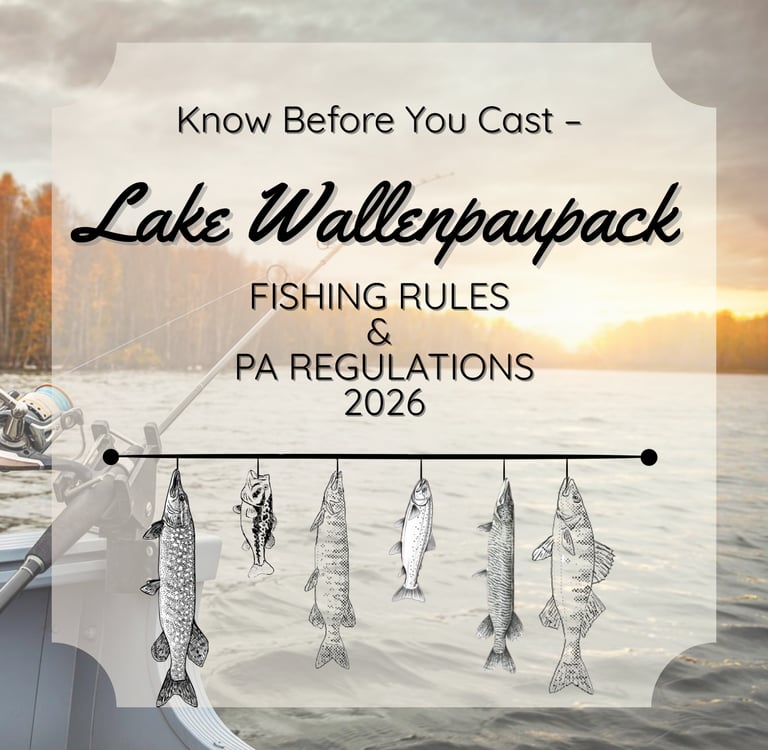 Lake Wallenpaupack fishing rules and 2026 PA regulations on a scenic lake sunset background.