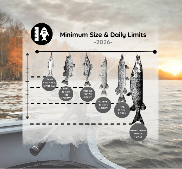 Fishing guide showing minimum size and daily catch limits for trout, bass, walleye, and pike.