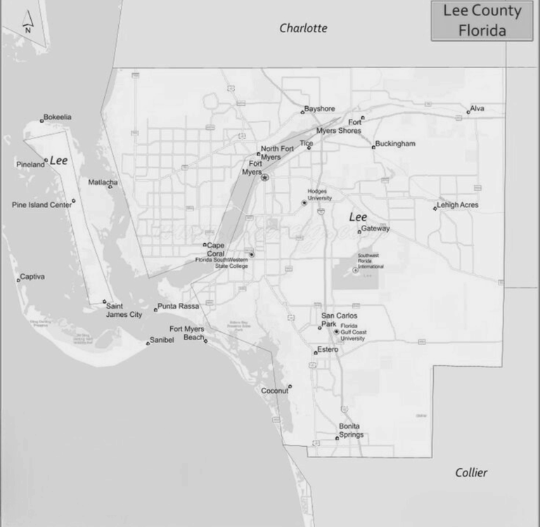 Map of Lee County, Florida with major cities for electrician coverage.