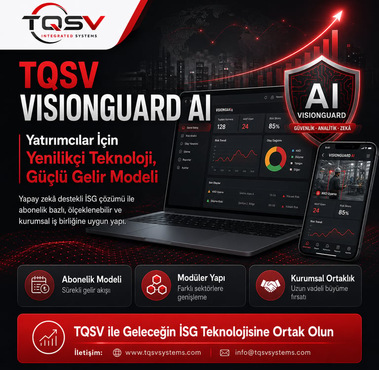 TQSV VisionGuard AI security software dashboard on a laptop and smartphone screen featuring occupational health and safety