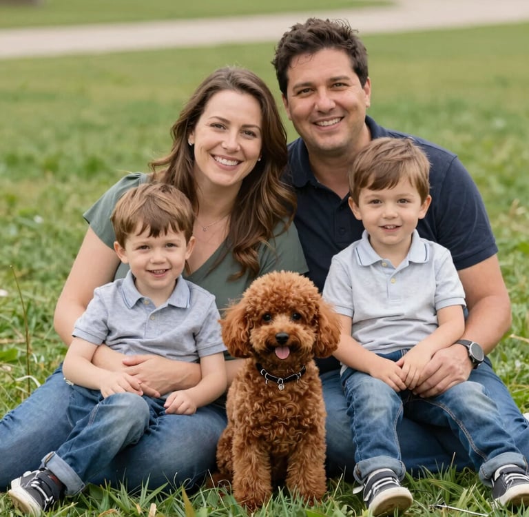 couple with two children and a young, red poodle