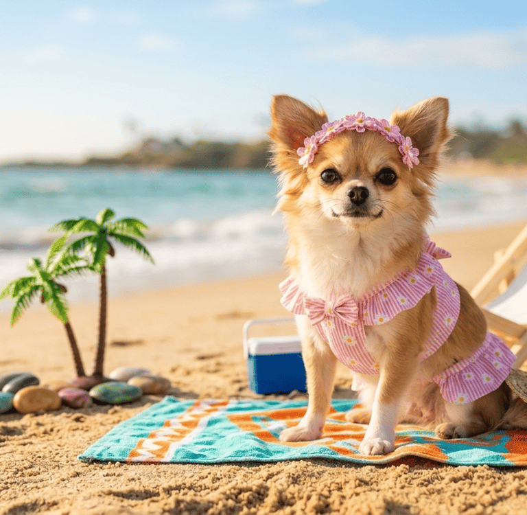 Traje de baño artesanal para perro Chihuahua: Vestuario de playa.