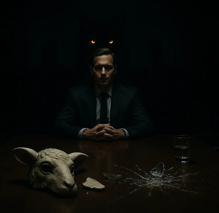 Wilk z czaszką owcy w firmowym kontekście – metafora drapieżnej hierarchii i ofiar w świecie korporacji