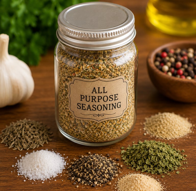 A glass jar of homemade all purpose seasoning surrounded by piles of salt, pepper, garlic, and dried herbs.