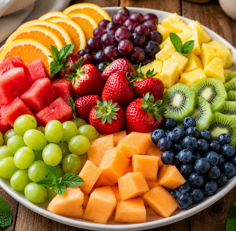 A colorful fruit platter with fresh strawberries, watermelon, pineapple, kiwi, and blueberries.