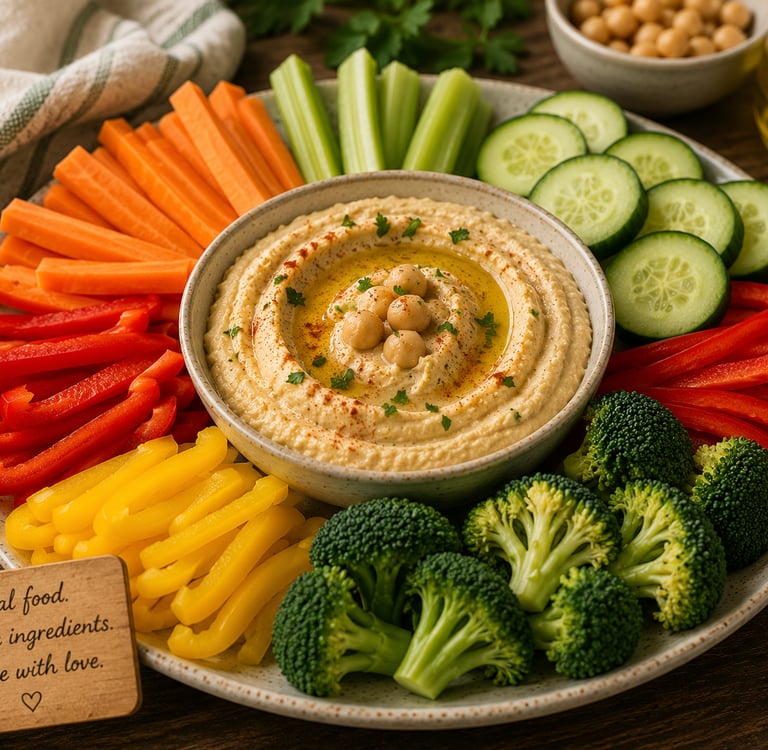 A colorful vegetable crudité platter with creamy hummus, carrots, broccoli, and peppers for healthy snacking.