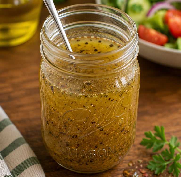 A glass mason jar filled with homemade Italian vinaigrette salad dressing and a metal spoon on a wooden table.