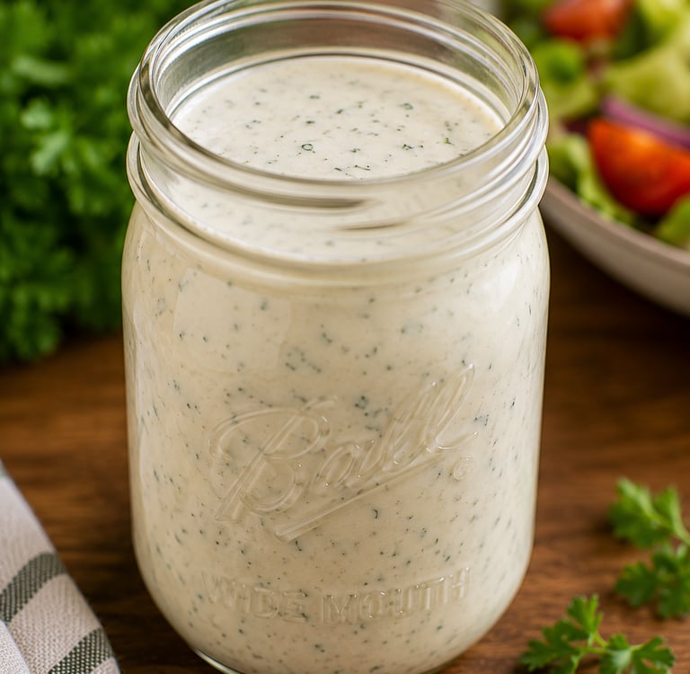 Creamy homemade ranch dressing with fresh herbs in a glass mason jar on a wooden table.