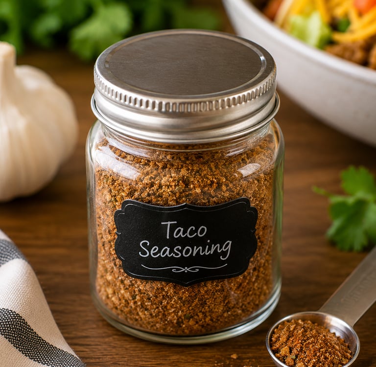 Homemade taco seasoning in a glass spice jar with a chalkboard label on a wooden table.
