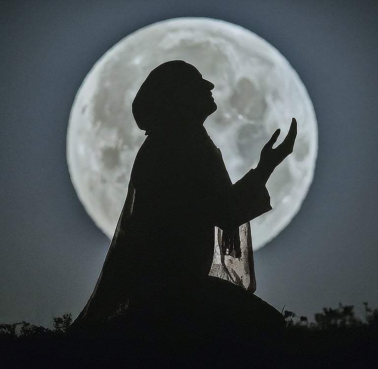 a person praying in front of a full moon