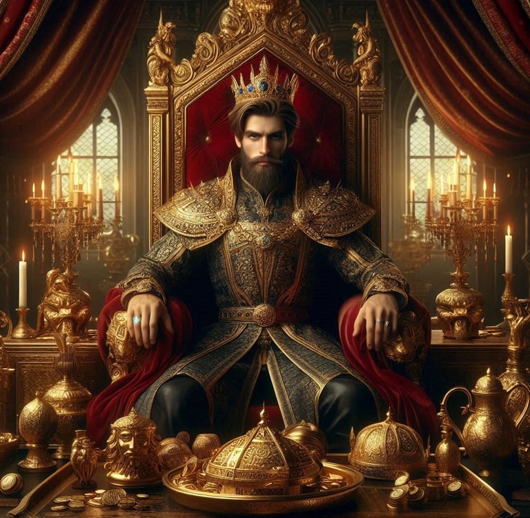 a man in a crown sitting on a throne