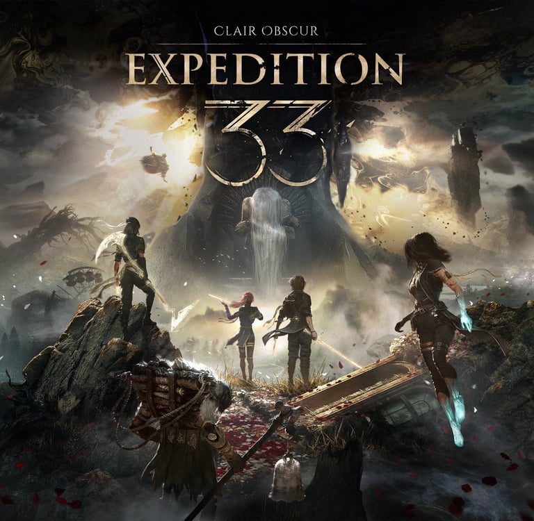 Clair Obscur Expedition 33 Sandfall Interactive a group of people standing around a giant rock