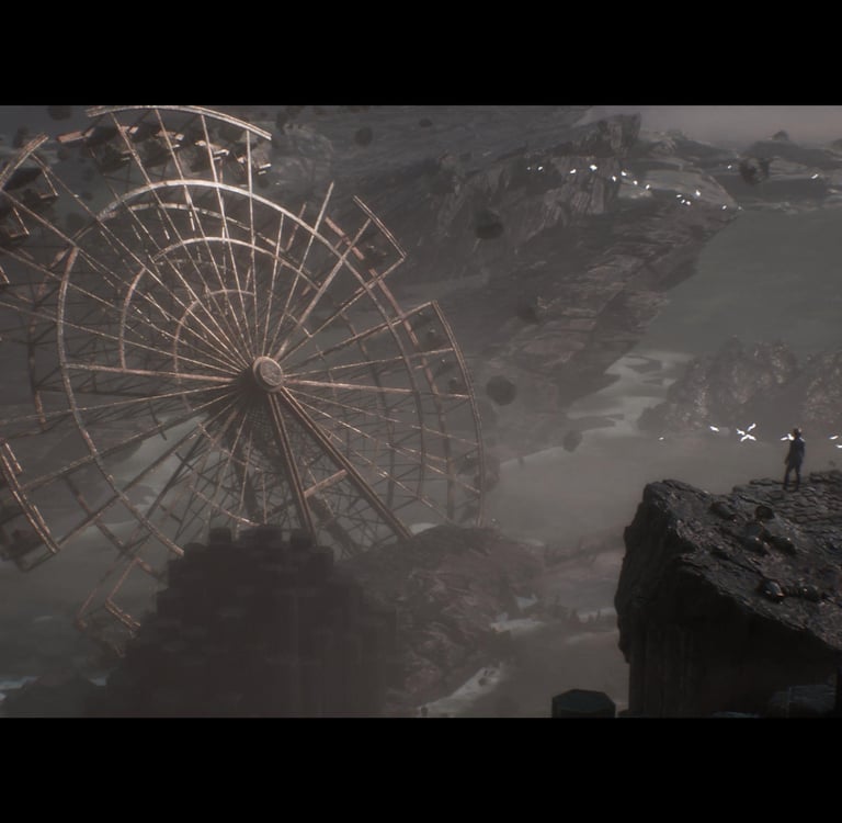 Expedition 33 Clair Obscur a ferris wheel in a mountain area with a ferris wheel