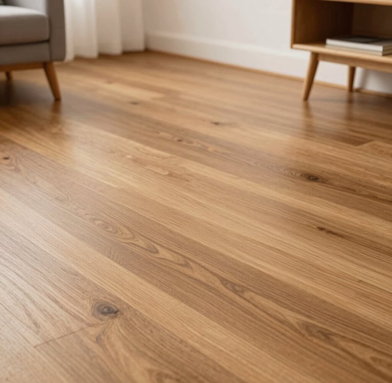 Polished oak hardwood flooring with natural wood grain and knots in a modern living room setting.