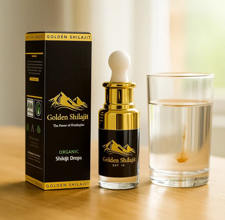 a glass of water with golden shilajit drops