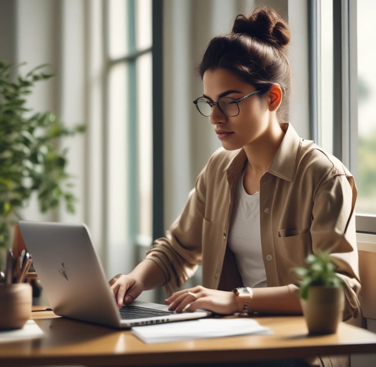 a woman sitting at a desk with a laptop