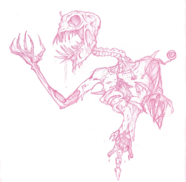 A drawing of a monster. horror creature are. Teeth, bones, claws, gore.
