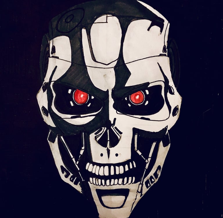 A marker drawing of the terminator. high contrast. black background.