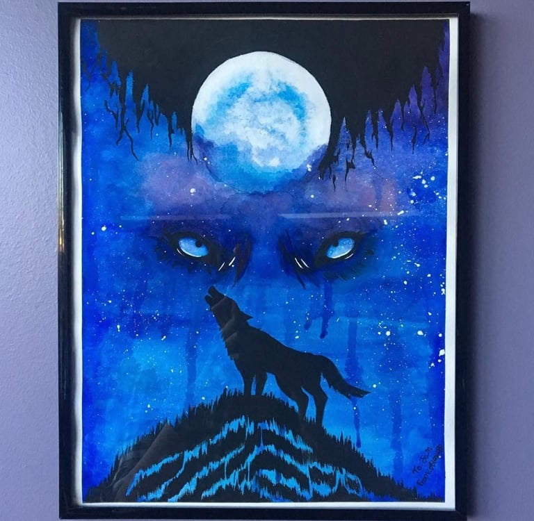 a painting of a wolf in a blue sky with smoldering intense eyes glaring under the moon.