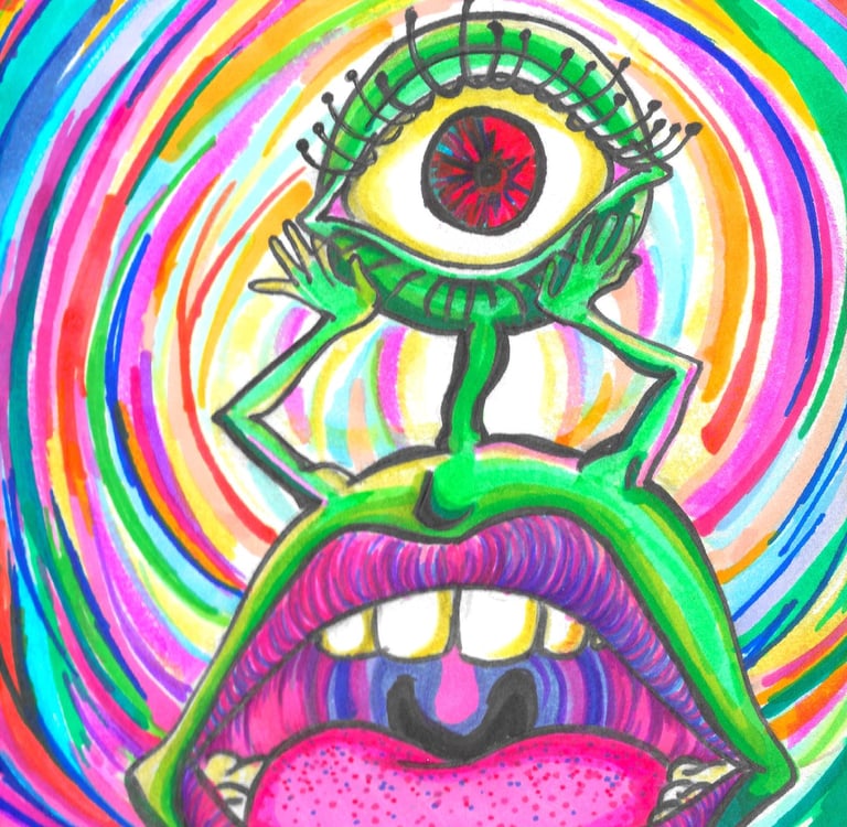 Super high Alien going whoa dude. with a lot of bright, iridescent, radiant, saturated colors.