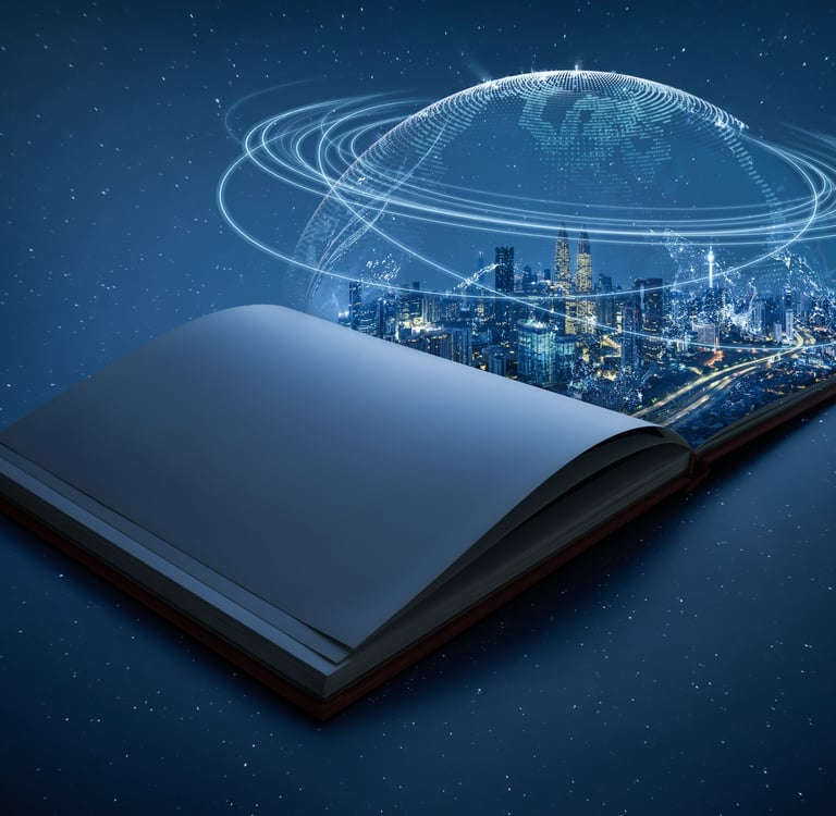 a book opened to show a cityscape with a planet in the background