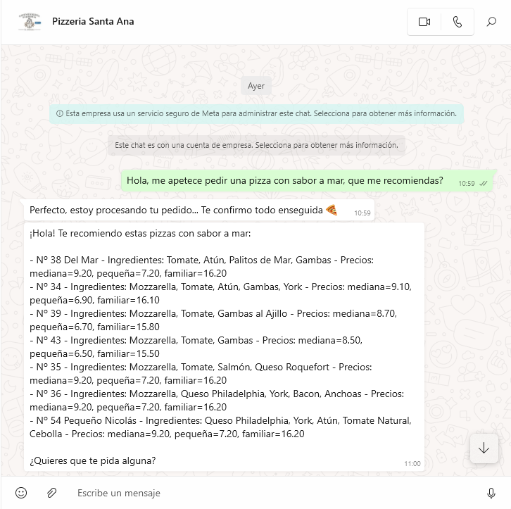 Ejemplo de recomendaciones sobre la carta de un restaurante hecho por IA para que los clientes hagan sus pedidos