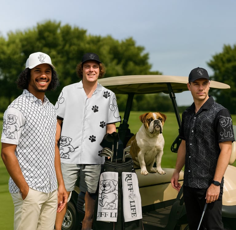 Golfers wearing stylish and standout golf shirts while a bulldog sits calmly by in the golf cart.
