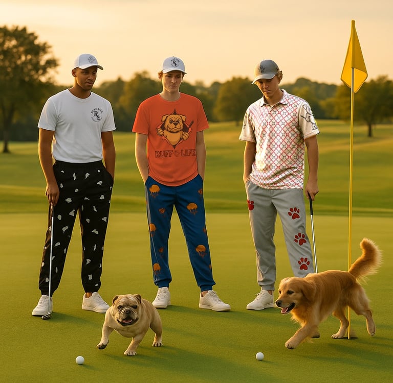 Fun drip golf pants with golfers and their dogs having fun on a golf course.