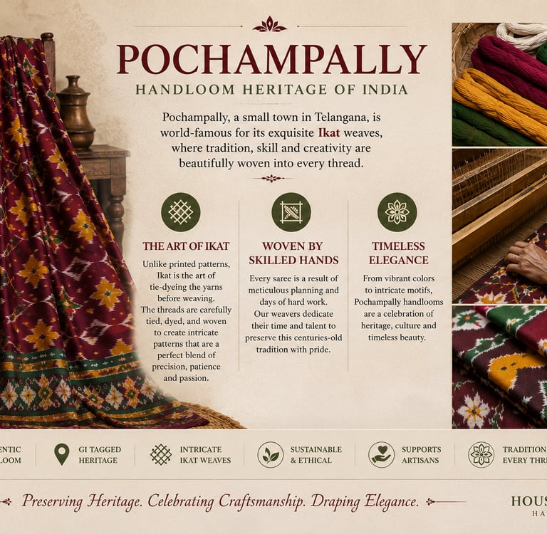 Traditional Pochampally Ikat silk saree showcasing intricate handloom weaving patterns and Indian heritage textiles.