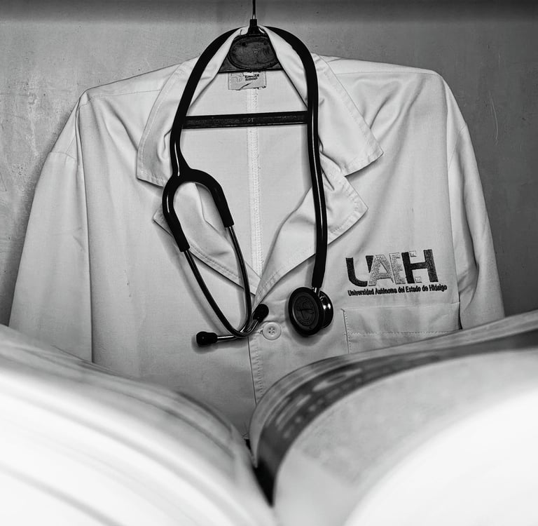 Bata con estetoscopio y libro. Autor: David Espinoza Coronel