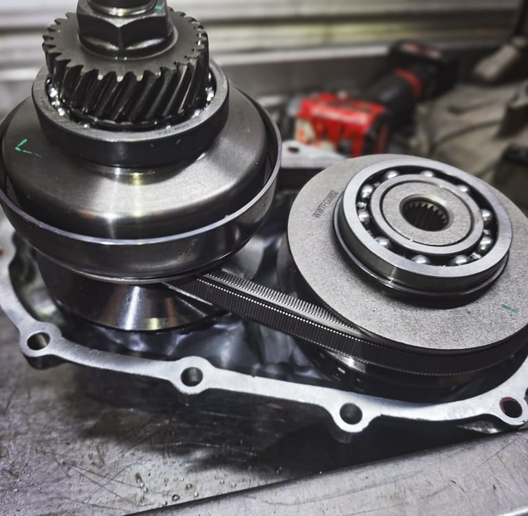 A metal CVT transmission belt and pulley assembly with ball bearings during a gearbox repair.