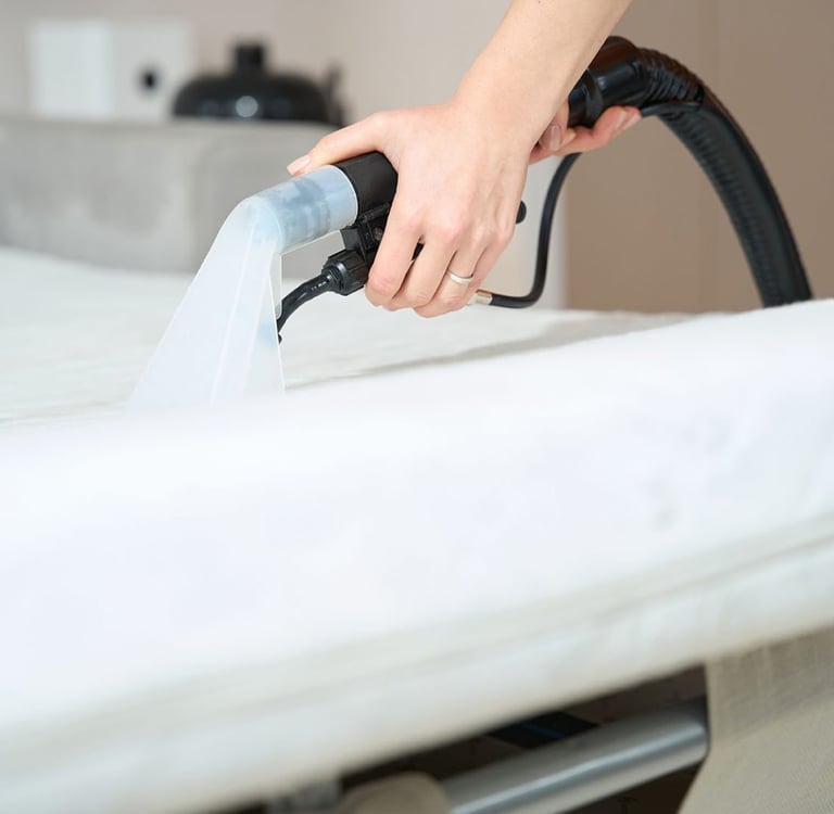a person is cleaning a mattress with a vacuum