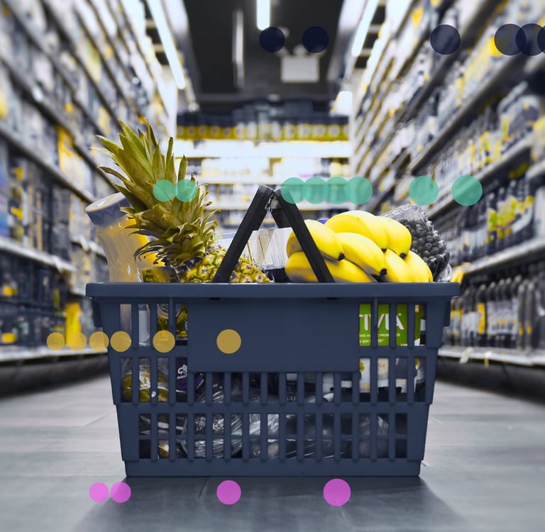 Image of data over a shopping basket to symbolise AI in Retail