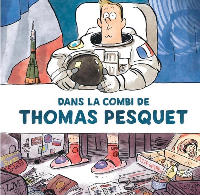 Comic book cover "Dans la Combi de Thomas Pesquet" with a cartoon astronaut, space, and humorous objects.