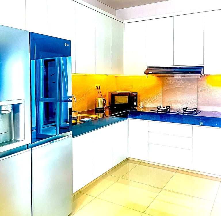 Fully equipped modern kitchen at Villa Sattara Seminyak with fridge, freezer complete cooking setup